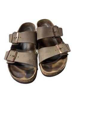 Birkenstocks: Double Buckle Slide Sandals in Brown